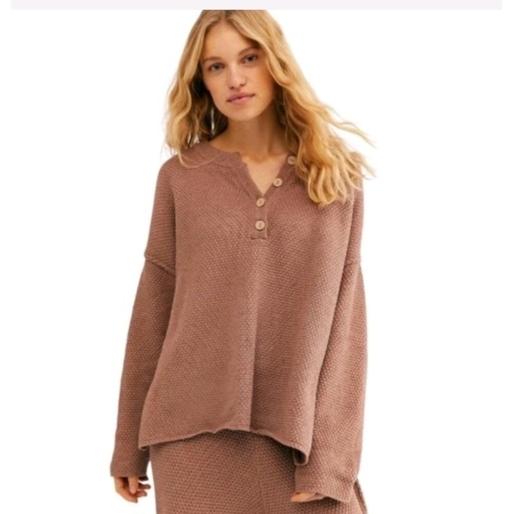 Free People Beach Hailee Henley Sweaterโ Small Tuscany Brown Cotton Waffle Knit